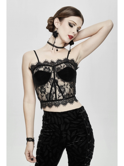 Black Gothic Adjustable Flocking Ribbons Decorated Lace Halter Corset