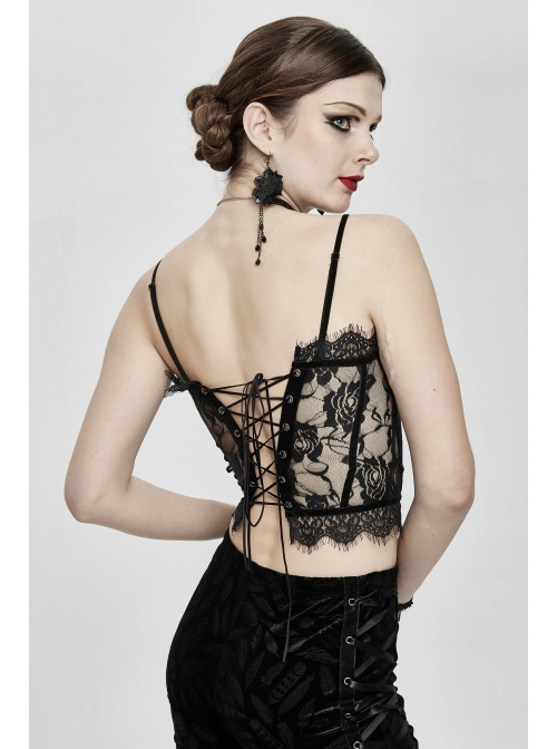 Black Gothic Adjustable Flocking Ribbons Decorated Lace Halter Corset