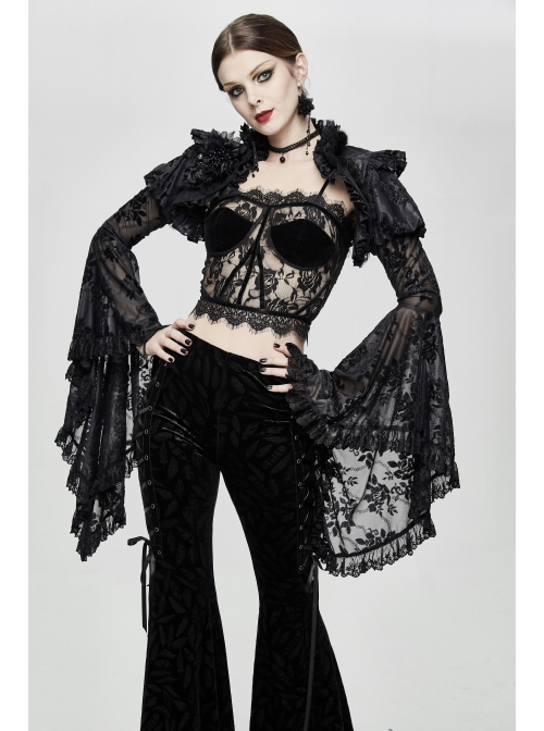 Black Gothic Adjustable Flocking Ribbons Decorated Lace Halter Corset