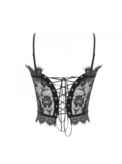 Black Gothic Adjustable Flocking Ribbons Decorated Lace Halter Corset
