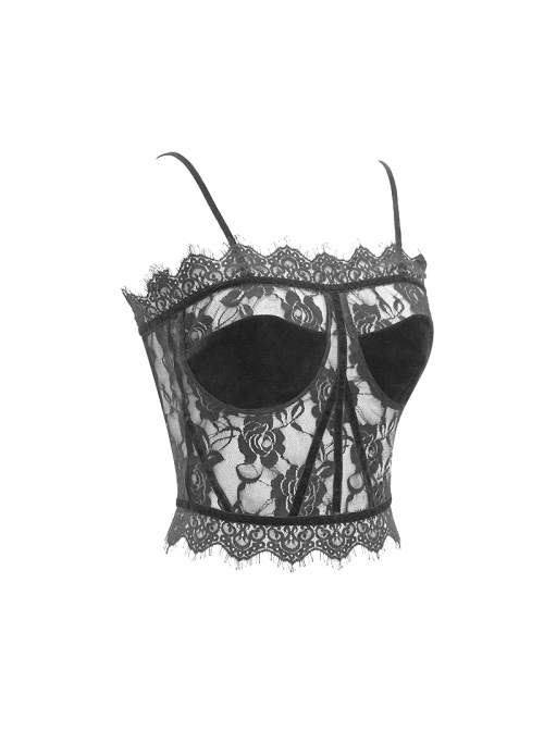 Black Gothic Adjustable Flocking Ribbons Decorated Lace Halter Corset
