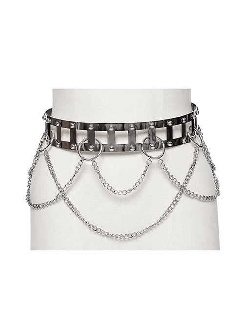 Silver Metal Electroplated Square Hollow With Rivet Design Punk Style Chain Belt
