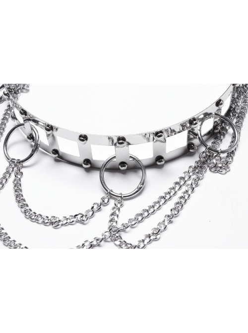 Silver Metal Electroplated Square Hollow With Rivet Design Punk Style Chain Belt