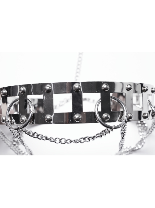 Silver Metal Electroplated Square Hollow With Rivet Design Punk Style Chain Belt