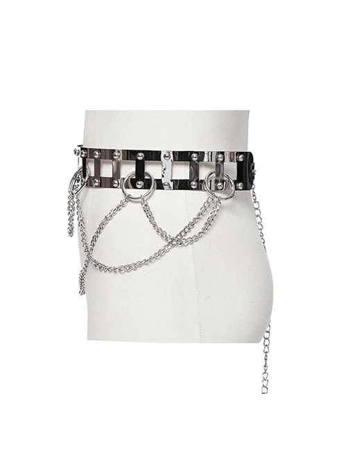 Silver Metal Electroplated Square Hollow With Rivet Design Punk Style Chain Belt