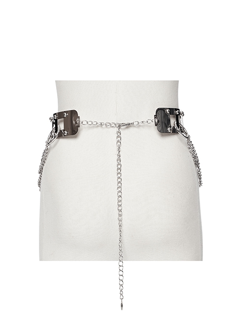 Silver Metal Electroplated Square Hollow With Rivet Design Punk Style Chain Belt