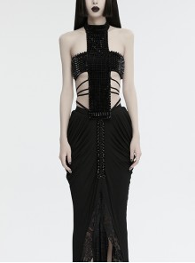 Sexy Halter Neck Black Stretch Velvet Rivet Waist Webbing Drawstring Design Gothic Style Cross Suspender Top
