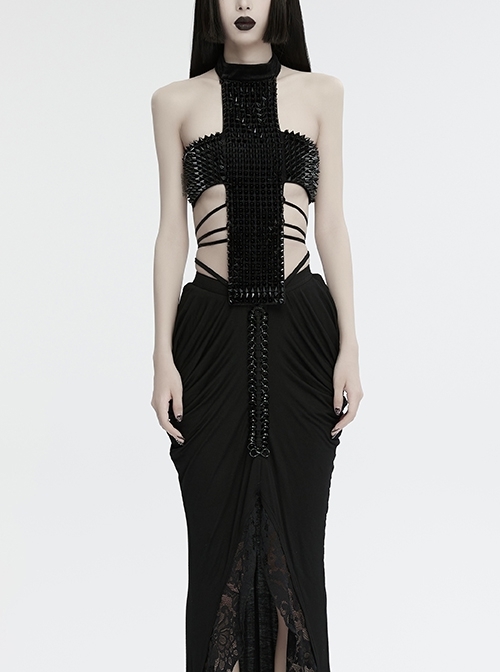 Sexy Halter Neck Black Stretch Velvet Rivet Waist Webbing Drawstring Design Gothic Style Cross Suspender Top