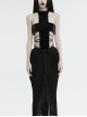 Sexy Halter Neck Black Stretch Velvet Rivet Waist Webbing Drawstring Design Gothic Style Cross Suspender Top
