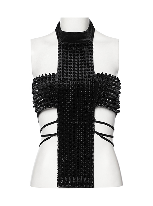 Sexy Halter Neck Black Stretch Velvet Rivet Waist Webbing Drawstring Design Gothic Style Cross Suspender Top