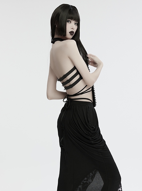 Sexy Halter Neck Black Stretch Velvet Rivet Waist Webbing Drawstring Design Gothic Style Cross Suspender Top