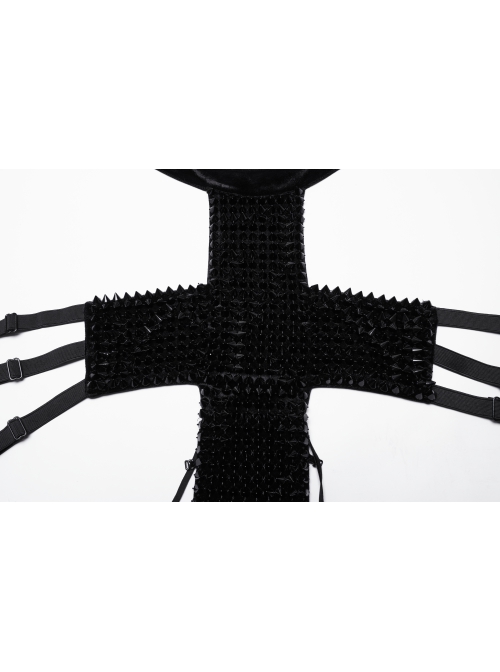 Sexy Halter Neck Black Stretch Velvet Rivet Waist Webbing Drawstring Design Gothic Style Cross Suspender Top