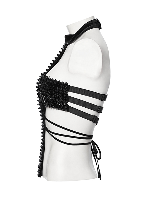 Sexy Halter Neck Black Stretch Velvet Rivet Waist Webbing Drawstring Design Gothic Style Cross Suspender Top