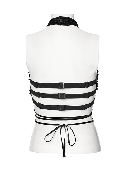 Sexy Halter Neck Black Stretch Velvet Rivet Waist Webbing Drawstring Design Gothic Style Cross Suspender Top