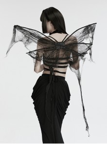 Black Wavy Mesh Fabric Messy Mesh Cotton Embellished Gothic Elastic Butterfly Wing Harness