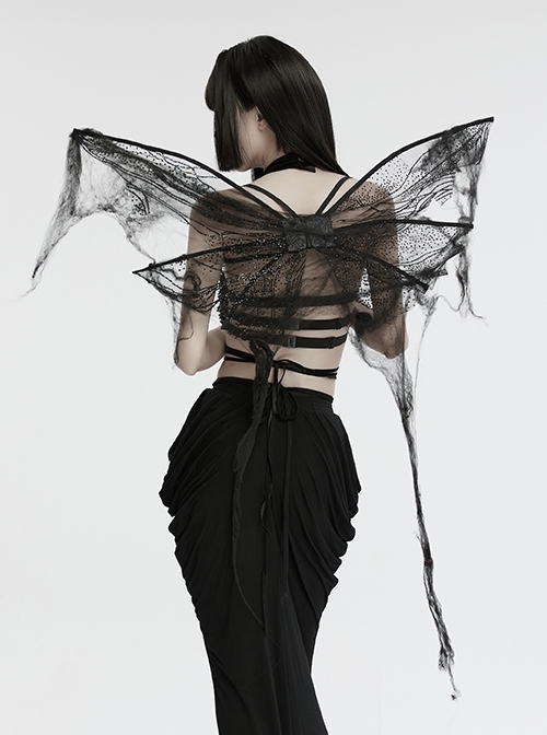 Black Wavy Mesh Fabric Messy Mesh Cotton Embellished Gothic Elastic Butterfly Wing Harness
