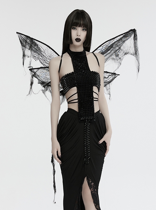 Black Wavy Mesh Fabric Messy Mesh Cotton Embellished Gothic Elastic Butterfly Wing Harness