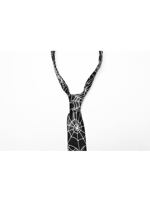 Black Soft Imitation Silk Comfortable Spider Web Print With Three Dimensional Skull And Butterfly Decoration Punk Style Tie