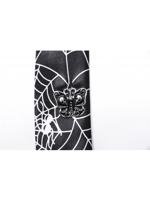 Black Soft Imitation Silk Comfortable Spider Web Print With Three Dimensional Skull And Butterfly Decoration Punk Style Tie