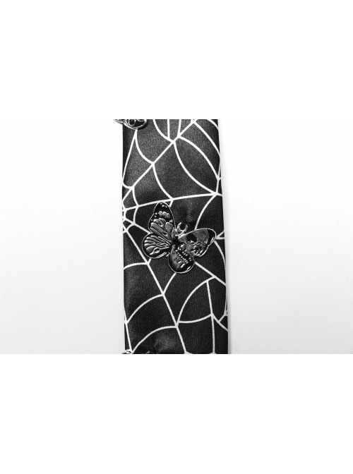 Black Soft Imitation Silk Comfortable Spider Web Print With Three Dimensional Skull And Butterfly Decoration Punk Style Tie
