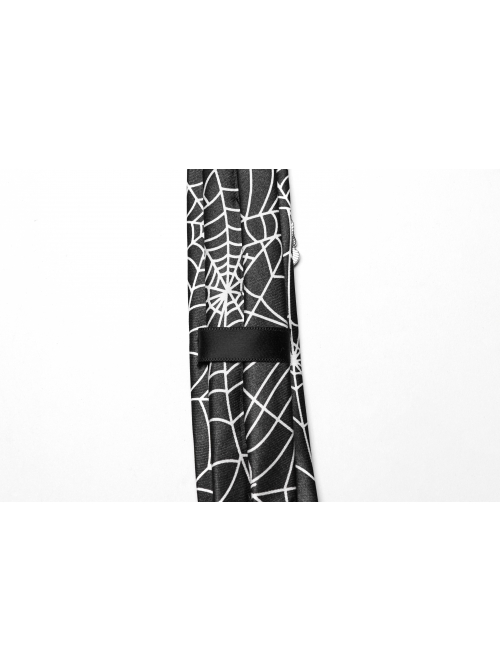 Black Soft Imitation Silk Comfortable Spider Web Print With Three Dimensional Skull And Butterfly Decoration Punk Style Tie