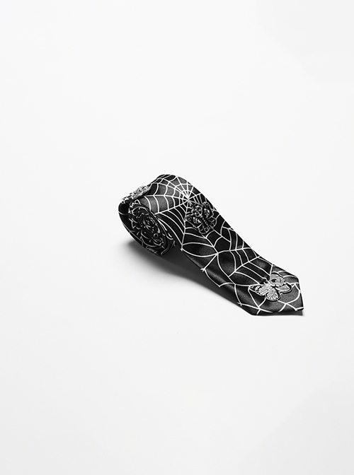Black Soft Imitation Silk Comfortable Spider Web Print With Three Dimensional Skull And Butterfly Decoration Punk Style Tie
