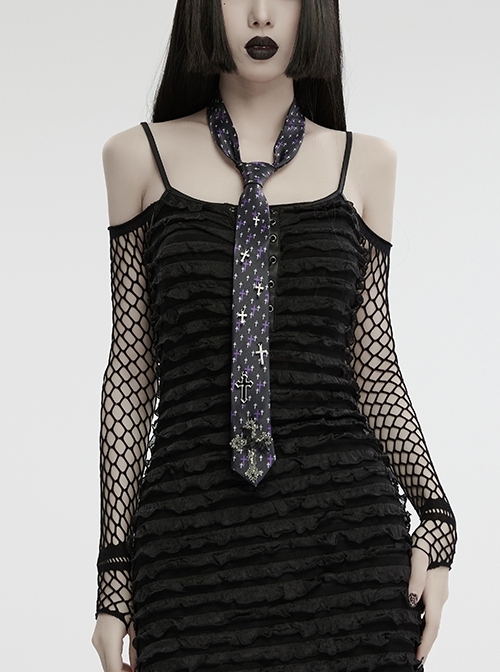 Purple Soft Imitation Silk Comfortable Cross Print Punk Style Tie