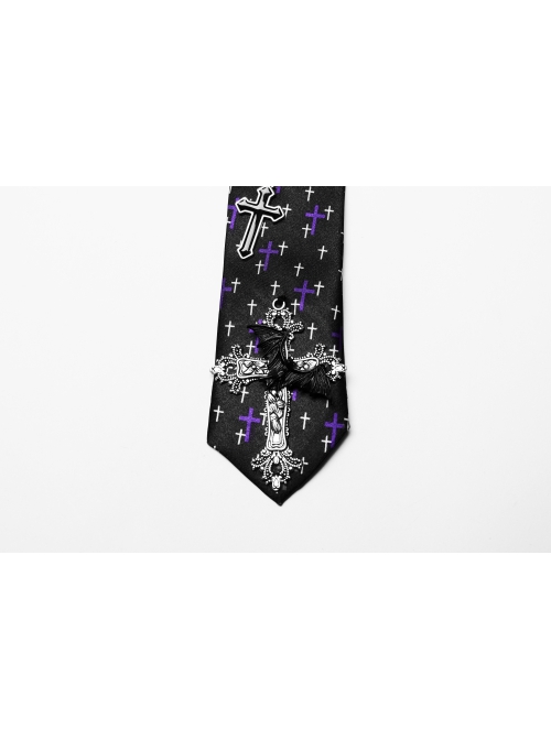 Purple Soft Imitation Silk Comfortable Cross Print Punk Style Tie