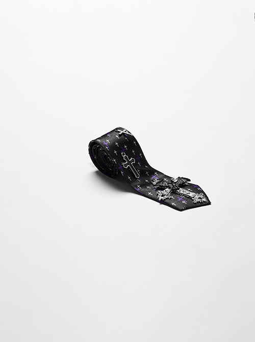 Purple Soft Imitation Silk Comfortable Cross Print Punk Style Tie