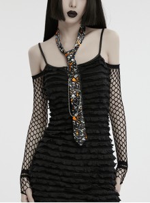 Black Soft Imitation Silk Comfortable Guitar Pattern Print With Metal Chain Decoration Punk Style Tie