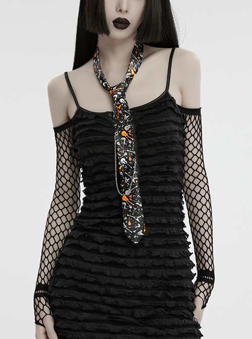 Black Soft Imitation Silk Comfortable Guitar Pattern Print With Metal Chain Decoration Punk Style Tie