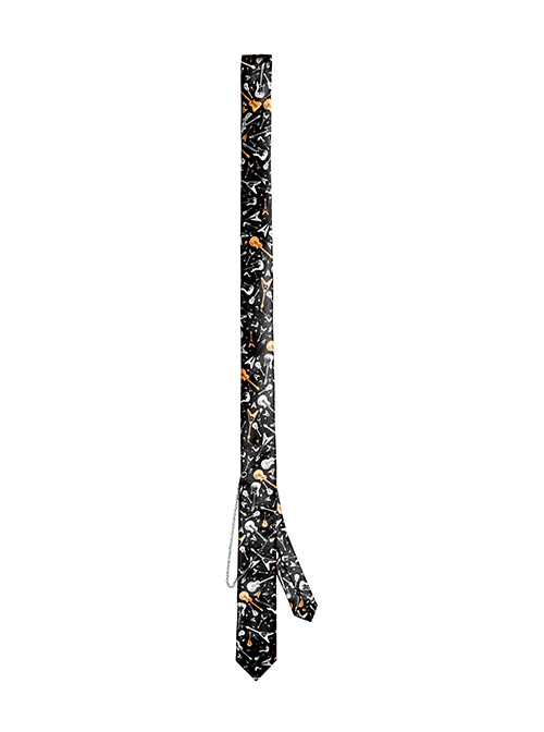 Black Soft Imitation Silk Comfortable Guitar Pattern Print With Metal Chain Decoration Punk Style Tie