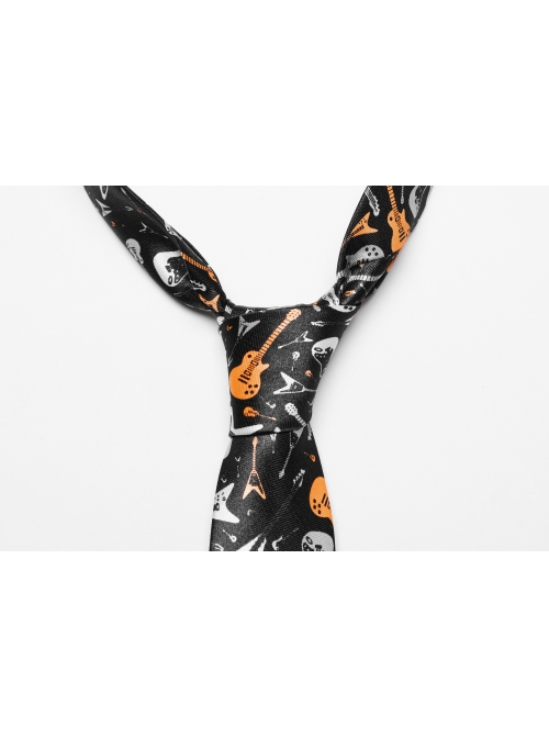 Black Soft Imitation Silk Comfortable Guitar Pattern Print With Metal Chain Decoration Punk Style Tie