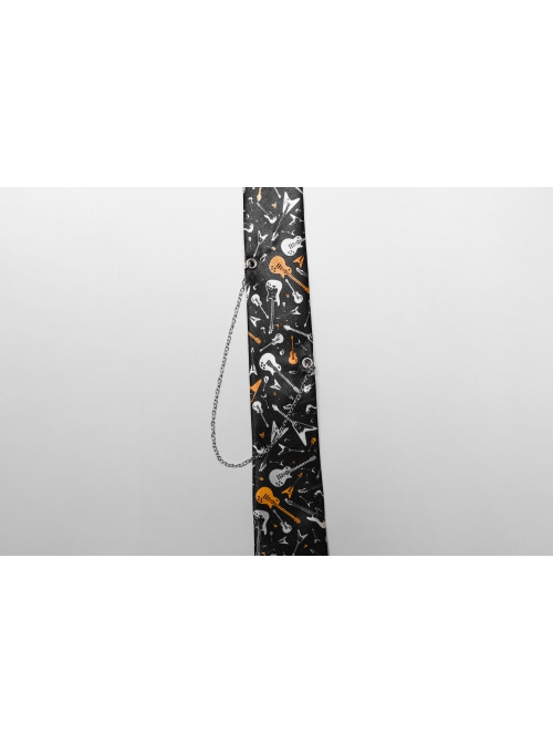 Black Soft Imitation Silk Comfortable Guitar Pattern Print With Metal Chain Decoration Punk Style Tie