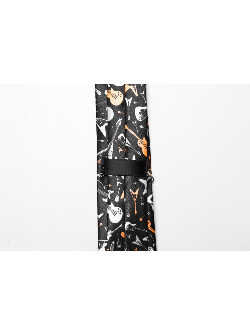 Black Soft Imitation Silk Comfortable Guitar Pattern Print With Metal Chain Decoration Punk Style Tie