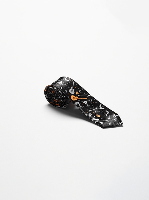 Black Soft Imitation Silk Comfortable Guitar Pattern Print With Metal Chain Decoration Punk Style Tie