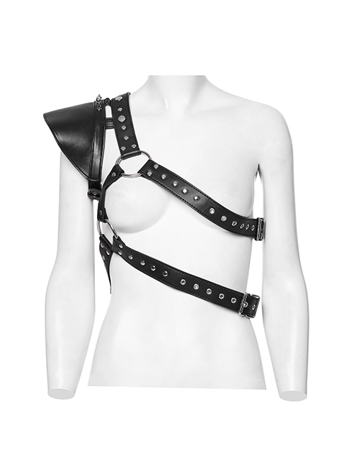 Handsome Black Eco Friendly Imitation Leather Armor With Spiked Rivets Punk Style Adjustable Single Arm Shoulder Harness