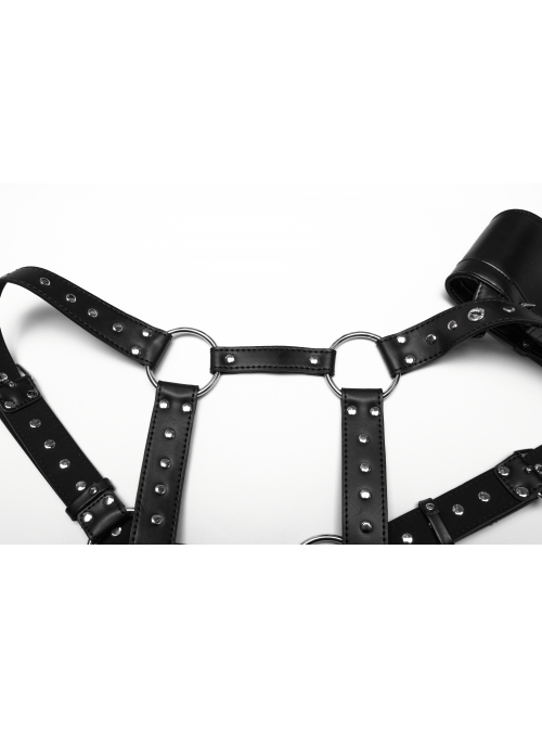 Handsome Black Eco Friendly Imitation Leather Armor With Spiked Rivets Punk Style Adjustable Single Arm Shoulder Harness