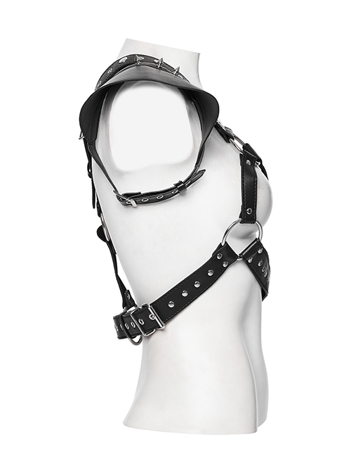 Handsome Black Eco Friendly Imitation Leather Armor With Spiked Rivets Punk Style Adjustable Single Arm Shoulder Harness