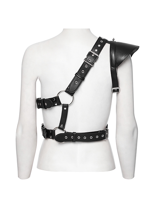 Handsome Black Eco Friendly Imitation Leather Armor With Spiked Rivets Punk Style Adjustable Single Arm Shoulder Harness