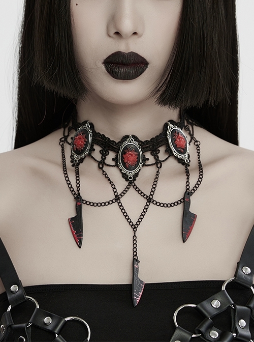 Halloween Black And Red Rose Silver Plated With Chain Blood Blade Pendant Gothic Style Necklace