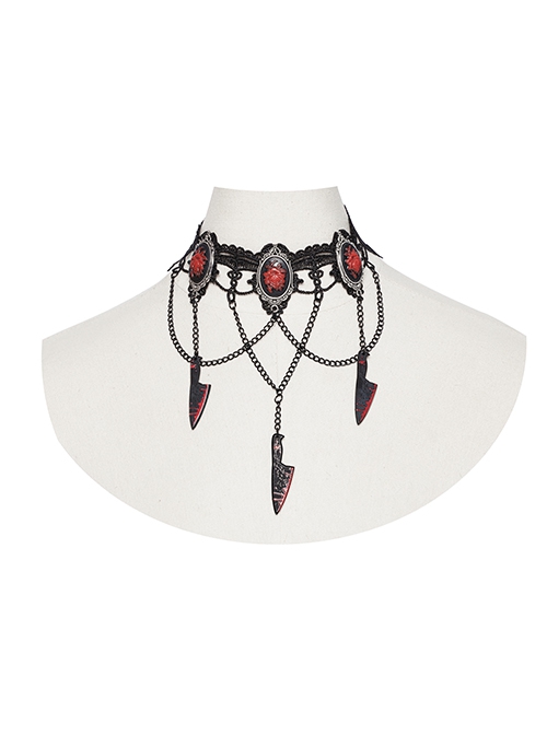 Halloween Black And Red Rose Silver Plated With Chain Blood Blade Pendant Gothic Style Necklace