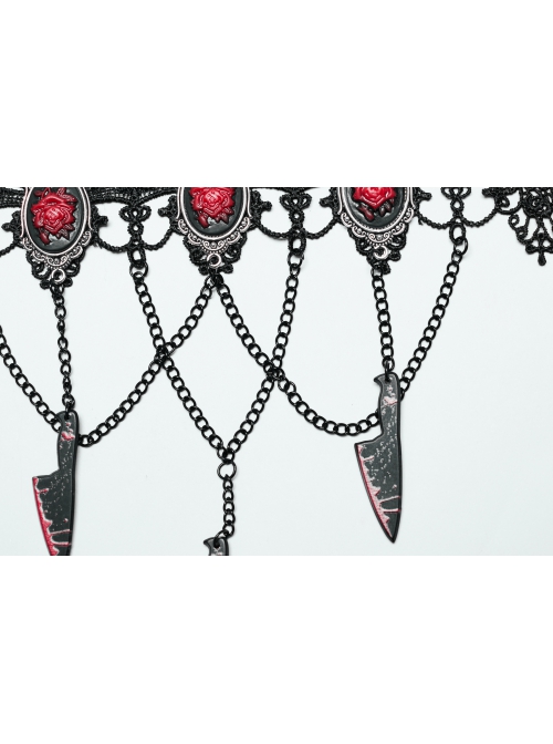 Halloween Black And Red Rose Silver Plated With Chain Blood Blade Pendant Gothic Style Necklace