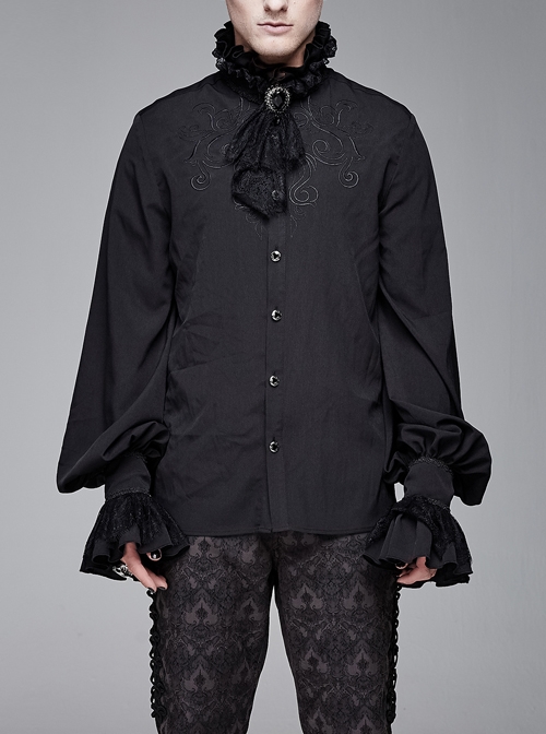 High Collar Chest Symmetrical Embroidered Necktie Long-Sleeve Black Gothic Shirt
