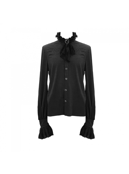 High Collar Chest Symmetrical Embroidered Necktie Long-Sleeve Black Gothic Shirt