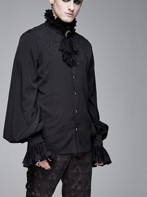 High Collar Chest Symmetrical Embroidered Necktie Long-Sleeve Black Gothic Shirt