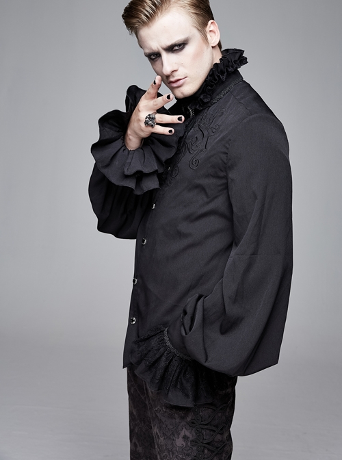 High Collar Chest Symmetrical Embroidered Necktie Long-Sleeve Black Gothic Shirt