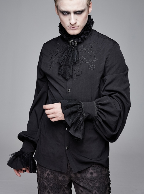 High Collar Chest Symmetrical Embroidered Necktie Long-Sleeve Black Gothic Shirt