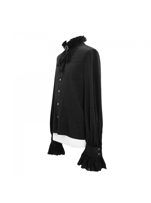 High Collar Chest Symmetrical Embroidered Necktie Long-Sleeve Black Gothic Shirt