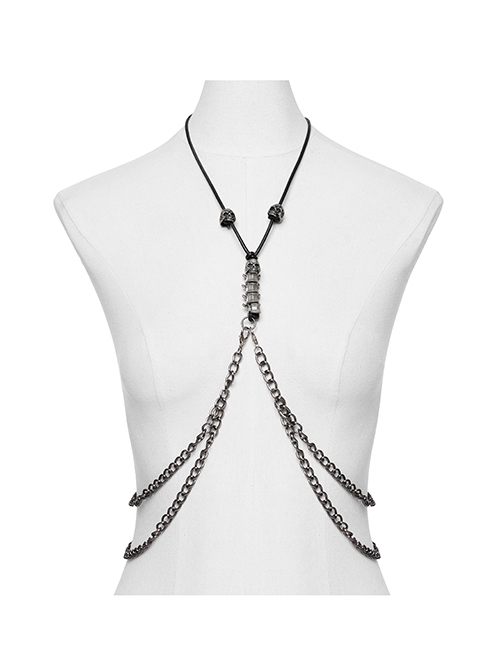 Tin Alloy Draped Chest Skull Spine Beads Decorated Punk Style Retro Adjustable Necklace